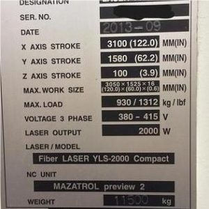 MAZAK 2000W3015 Laser Cutting Machine